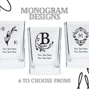 Custom Monogram Square Shot Glasses - 6 Designs to Choose From - Personalized Shot Glass - Custom Wedding Favor - Bachelorette - Engagement