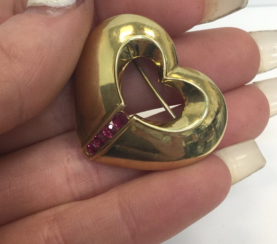 Art Deco Gold Ruby Heart Pin - image 2