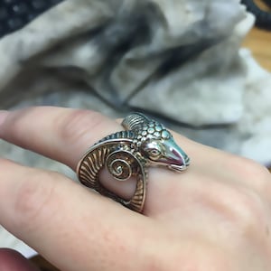 Ram&#39;s Head Ring Handcrafted & Cast in Sterling Silver, Horns