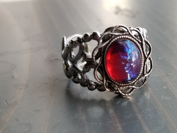 Jewelry Petite 7mm Red Glass Cabochon Dragons Breath Mexican Fire Opal Ring Set In Petite Sterling Silver Bezel Rings Jewelry Petite 7mm Red Glass Cabochon Dragons Breath Mexican Fire Opal Ring Set In Petite Sterling Silver Bezel Rings