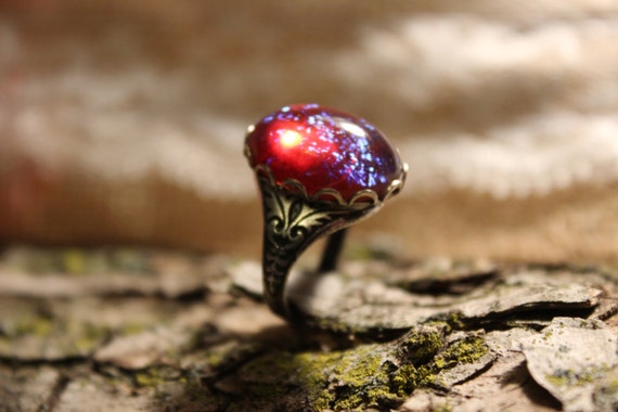 Fire Opal Ring Dragons Breath Ring Red Mexican Fire Opal Renaissance Jewelry Filigree Ring Glass Cabochon Fire Opal Ring Dragons Breath Ring Red Mexican Fire Opal Renaissance Jewelry Filigree Ring Glass Cabochon