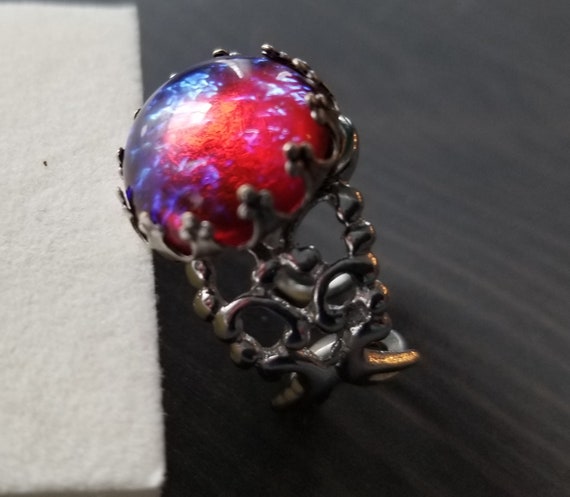 Fire Opal Ring Dragons Breath Ring Red Mexican Fire Opal Renaissance Jewelry Filigree Ring Glass Cabochon Fire Opal Ring Dragons Breath Ring Red Mexican Fire Opal Renaissance Jewelry Filigree Ring Glass Cabochon