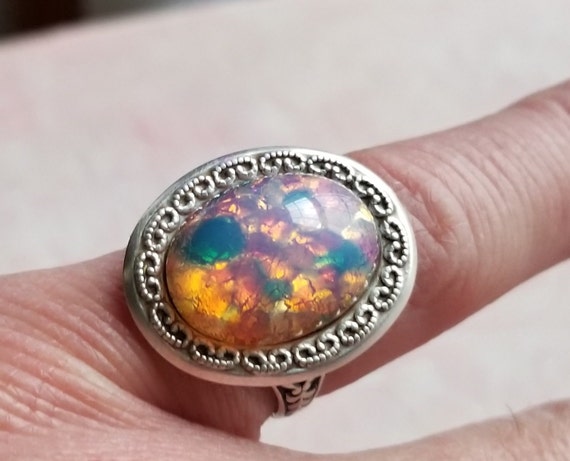 Fire Opal Ring Dragons Breath Ring Red Mexican Fire Opal Renaissance Jewelry Filigree Ring Glass Cabochon Fire Opal Ring Dragons Breath Ring Red Mexican Fire Opal Renaissance Jewelry Filigree Ring Glass Cabochon