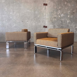 Pair Of 1980&#39;s &quot;Milo Baughman Style&quot; Upholstered Chrome Lounge Chairs (QW4D2E) ***ASK for SHIPPING QUOTE***