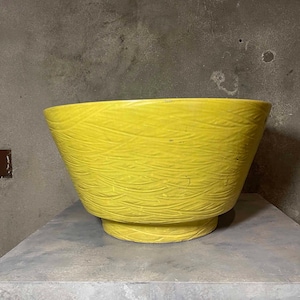 May include: A bright yellow ceramic planter with a textured, linear pattern. The planter has a wide, bowl-like shape and sits on a short, circular base. The background is a neutral gray.