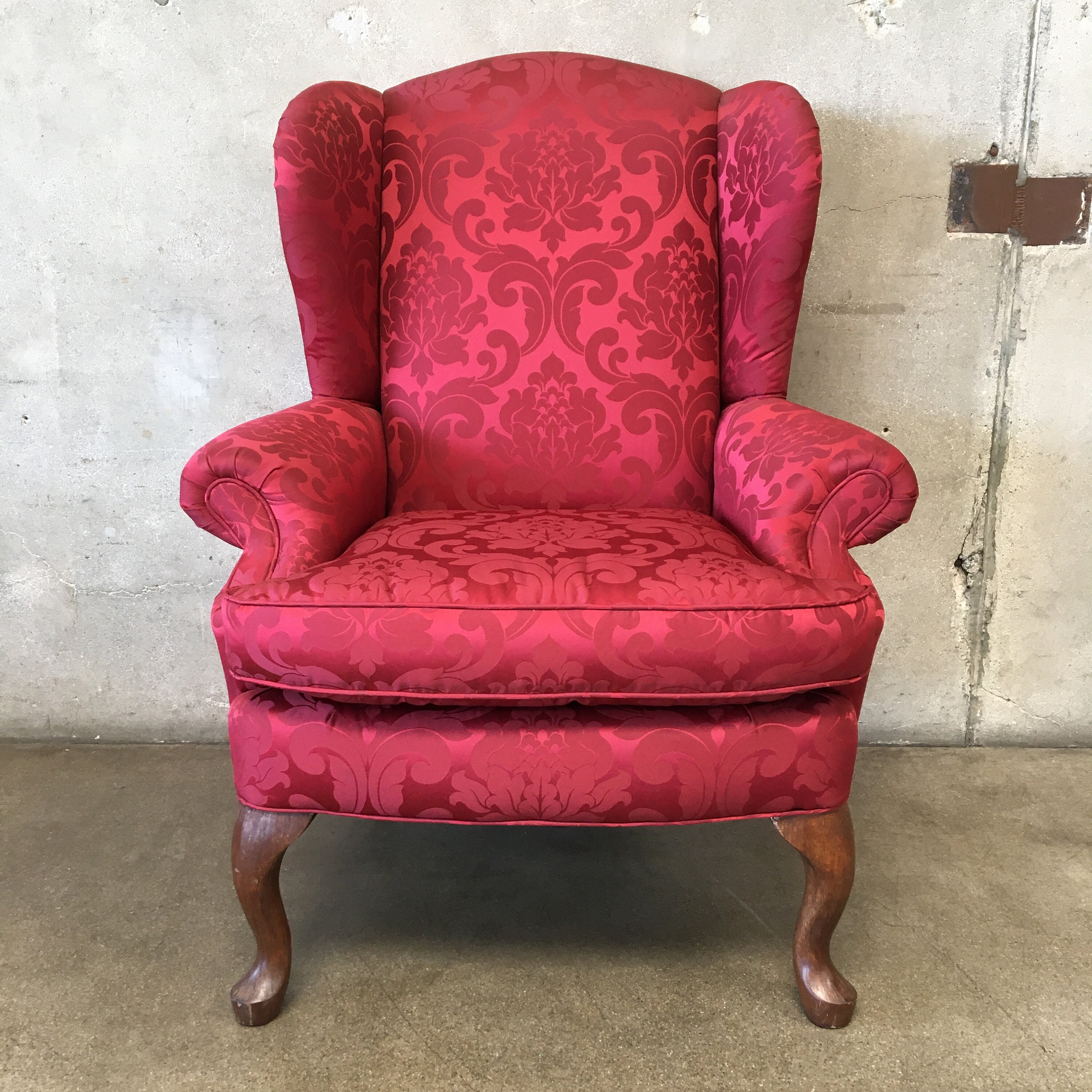 Vintage Wingback Chair New Upholstery in Red Damask Fabric Etsy