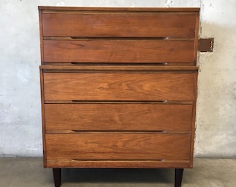 Mid Century Modern Five Drawer Tall Dresser by L.A. Period Furniture (89NPYR) ***See Listing Details For Info On Shipping***.