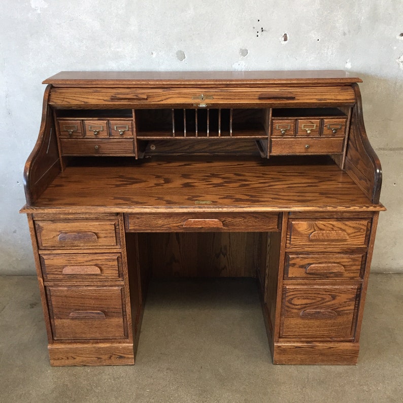 Dark Walnut Oak Roll Top Desk Wbbeev Etsy