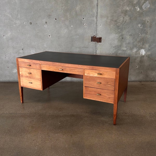 1960's Vintage Walnut Executive Danish Desk With Black Top And Brass Pulls (BETBPJ) ***See Listing Details For Info On Shipping***