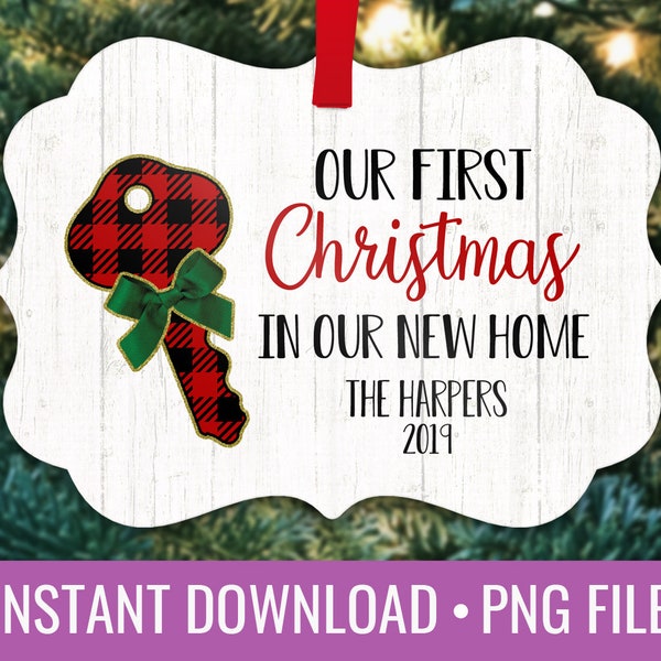 First Christmas New Home Ornament Template Benelux Sublimation Template PNG Instant Download Buffalo Plaid Red