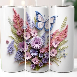 3d Flowers Butterfly Lavender Tumbler Wrap, 20 oz Skinny Tumbler Sublimation Design, Sublimation PNG Instant Download