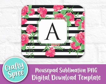 Black White Stripe Floral Mousepad Sublimation Template PNG Instant Download