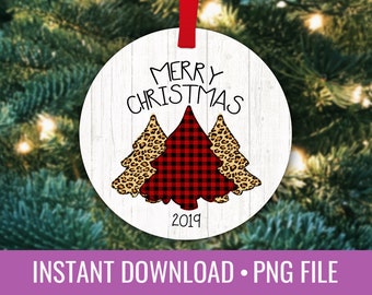 Buffalo Plaid Farmhouse Christmas Tree Leopard Print Round Ornament Sublimation Template PNG Instant Download