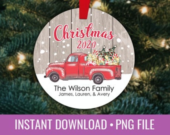 Vintage Farm Truck Christmas Round Ornament Sublimation Template PNG Instant Download