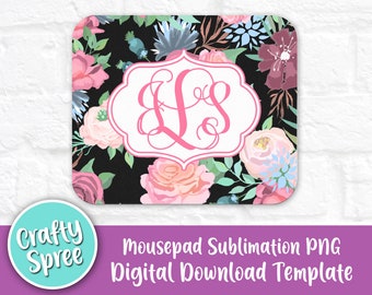 Black Floral Mousepad Sublimation Template PNG Instant Download