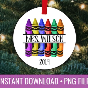 Presente do professor Crayon Personalizado Modelo de Sublimação de Ornamento Redondo de Natal PNG Download Instantâneo