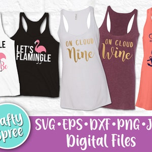Op de afbeelding: Vijf verschillende tanktops met verschillende ontwerpen en tekst. De ontwerpen omvatten een flamingo, een anker en tekst die zegt "Flamingle with me I'm the Bride to Be", "Let's Flamingle", "On Cloud Nine", "On Cloud Wine" en "Last Sail Before the Veil".
