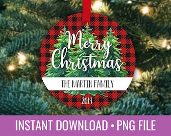 Buffalo Plaid Farmhouse Christmas Tree Round Ornament Sublimation Template PNG Instant Download
