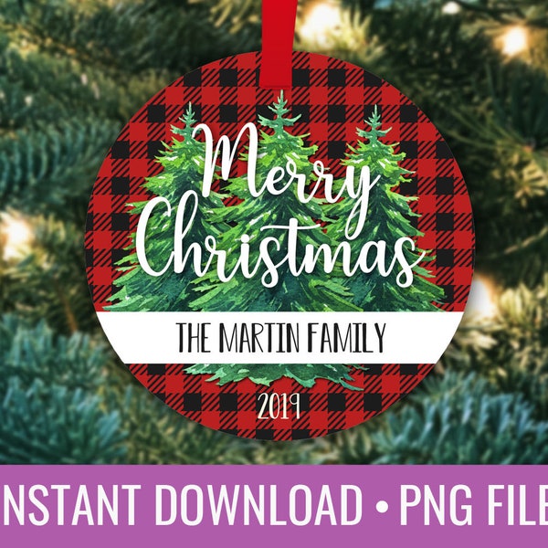 Buffalo Plaid Farmhouse Christmas Tree Round Ornament Sublimation Template PNG Instant Download