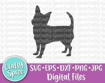 Puede incluir: Silueta negra de un perro chihuahua. La imagen está sobre un fondo blanco con el texto "Crafty Spree" y "SVG - EPS - DXF - PNG - JPG Archivos digitales" en negro.