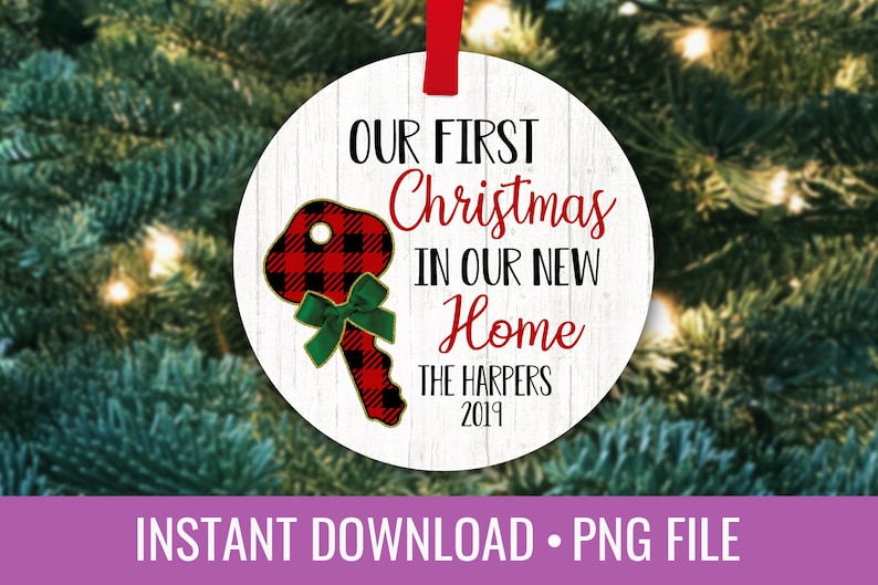 May include: A white round Christmas ornament with a red and black buffalo plaid key design. The ornament reads "Our First Christmas in Our New Home The Harpers 2019".