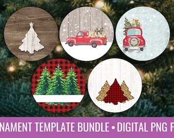 Farmhouse Christmas Ornament Template Vintage Farm Truck Buffalo Plaid Wood Round Sublimation Template PNG Instant Download Bundle