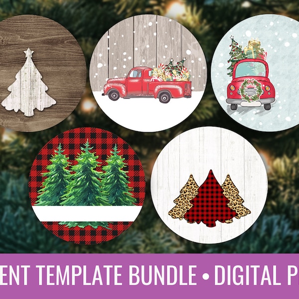 Farmhouse Christmas Ornament Template Vintage Farm Truck Buffalo Plaid Wood Round Sublimation Template PNG Instant Download Bundle