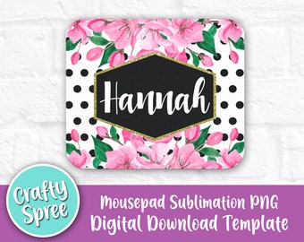 Black White Polka Dot Floral Mousepad Sublimation Template PNG Instant Download