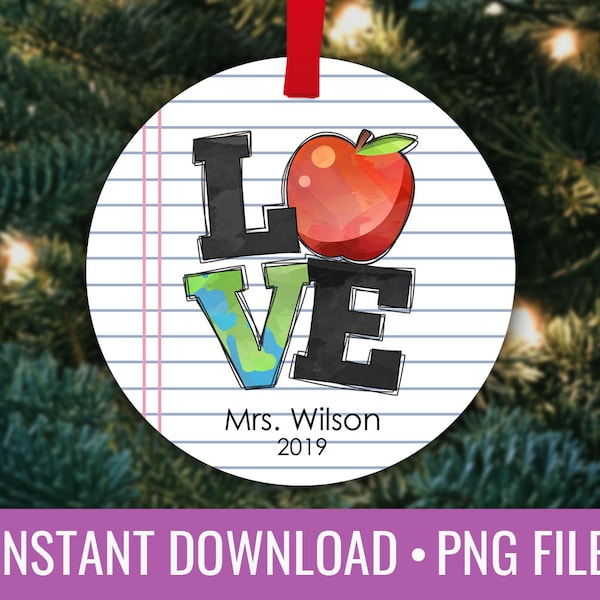 Teacher Gift Love Personalized Christmas Round Ornament Sublimation Template PNG Instant Download