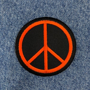 PEACE SIGN PATCH iron-on embroidered Anti-War emblem biker applique round Black Orange