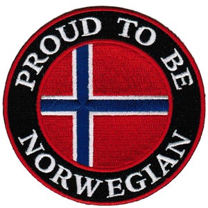 May include: A round black and white embroidered patch with the text "Proud to be Norwegian" surrounding a red, white and blue Norwegian flag.