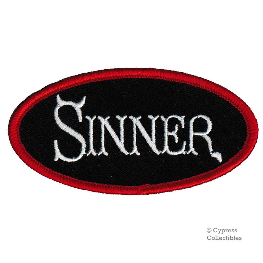 SINNER PATCH Iron-on Embroidered Applique Biker Nametag Religious ...