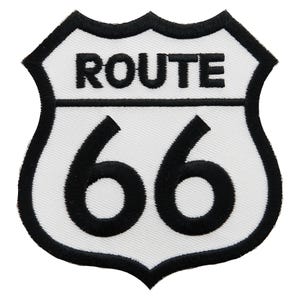 ROUTE 66 WHITE PATCH iron-on embroidered applique Road Sign Historic Highway Emblem biker