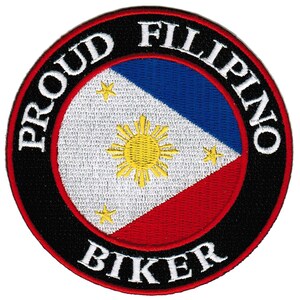 Peut inclure: Un écusson brodé noir et blanc avec le texte "Proud Filipino Biker" autour du bord d'un cercle. Le centre du cercle présente le drapeau des Philippines.