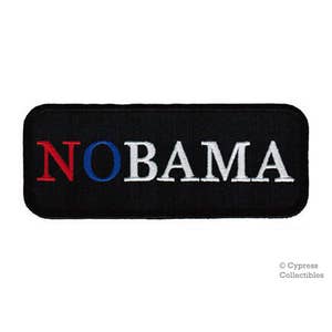 May include: Black embroidered patch with the text "NO" in red, "O" in blue, and "BAMA" in white.