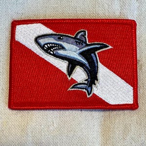 Shark Diver Down Flag Patch: Scuba Diving Embroidered Applique
