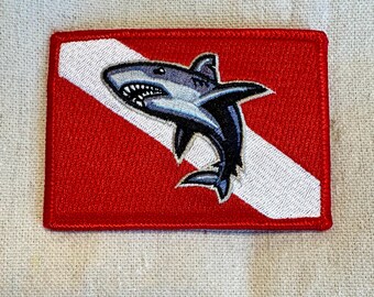Shark Diver Down Flag Patch: Scuba Diving Embroidered Applique