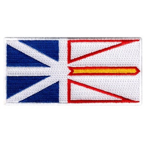 May include: A white, blue, and red embroidered patch with a yellow stripe. The patch features the flag of Newfoundland and Labrador.