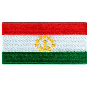 Könnte beinhalten: Ein rechteckiger gestickter Aufnäher mit der Flagge Tadschikistans. Die Flagge ist rot, weiß und grün mit einem goldenen Emblem in der Mitte.