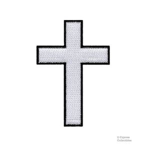 CHRISTIAN CROSS PATCH White/Black Iron-On Embroidered Crucifix Jesus Church Symbol Religious Biker Emblem