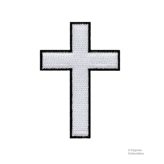CHRISTIAN CROSS PATCH White/Black Iron-On Embroidered Crucifix Jesus Church  Symbol Religious Biker Emblem