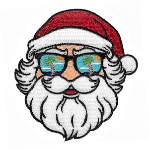 May include: Embroidered patch of Santa Claus wearing sunglasses with palm trees reflected in the lenses. The patch has a red hat, white beard, and black outlines.