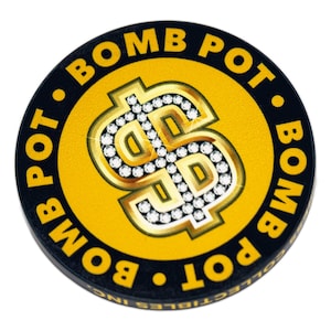 Botón POKER BOMB POT - Juego de casino en casa Texas Hold Em Omaha Naipes Signo de dólar amarillo