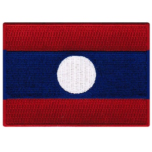 May include: A red, blue, and white embroidered patch featuring the flag of Laos. The flag has three horizontal stripes, with a white circle in the center of the blue stripe.