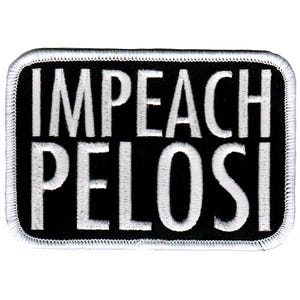 Puede incluir: Parche bordado en blanco y negro con el texto "Impeach Pelosi" en letras blancas.