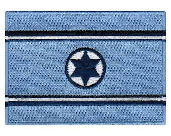 May include: A blue and white embroidered patch with a six-pointed star in a circle.