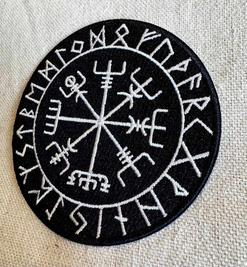 ICELANDIC COMPASS iron-on patch embroidered Norway Historical Viking Navy Iceland Vegvisir Emblem Black White image 4