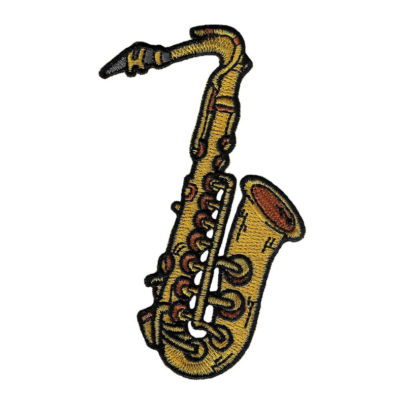 May include: A gold-colored saxophone with black detailing. The saxophone is embroidered with brown accents.