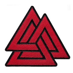 May include: Red embroidered patch featuring a triple triangle design, also known as the Valknut symbol.