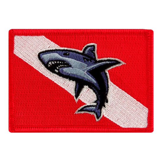 SHARK DIVER Flag PATCH Scuba Diving iron-on embroidered applique Diver Down  Emblem Great White